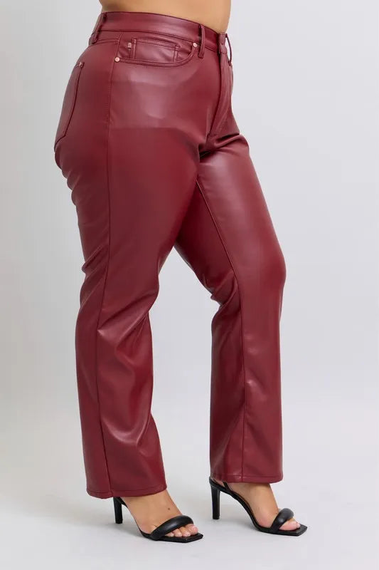 Judy Blue Full Size High Waist Tummy Control Faux Leather Straight Pants Plus Size - Lilixa.store