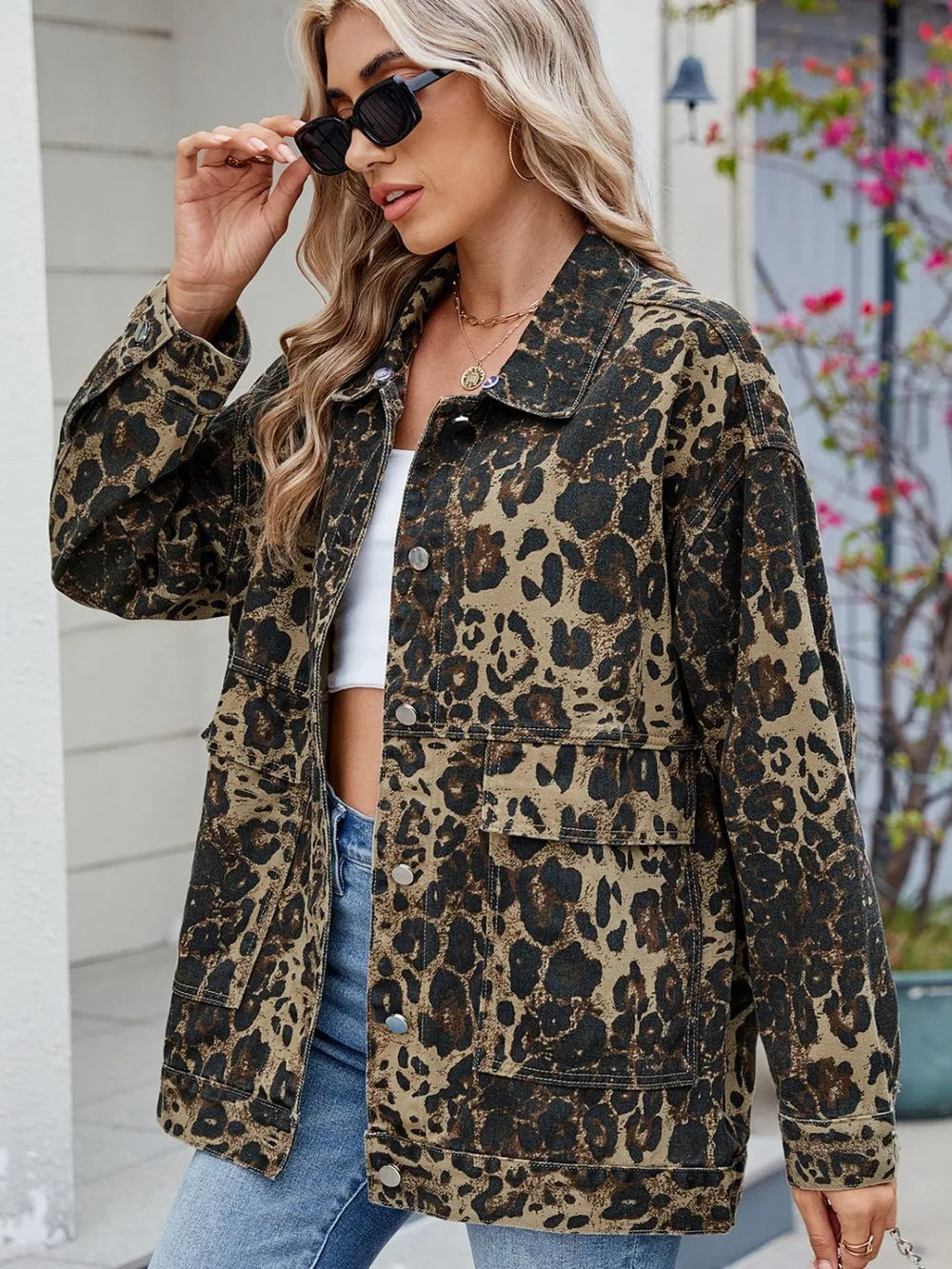 Leopard Button Up Drop Shoulder Denim Jacket, view 2