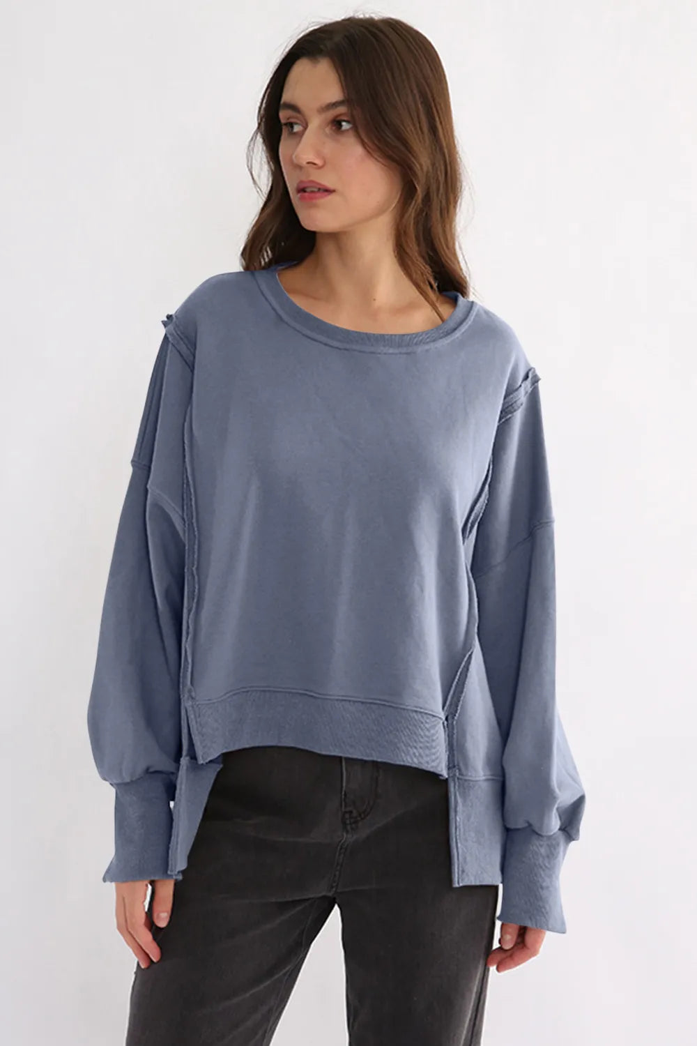 Exposed Seam High-Low Long Sleeve Sweatshirt - Lilixa.store