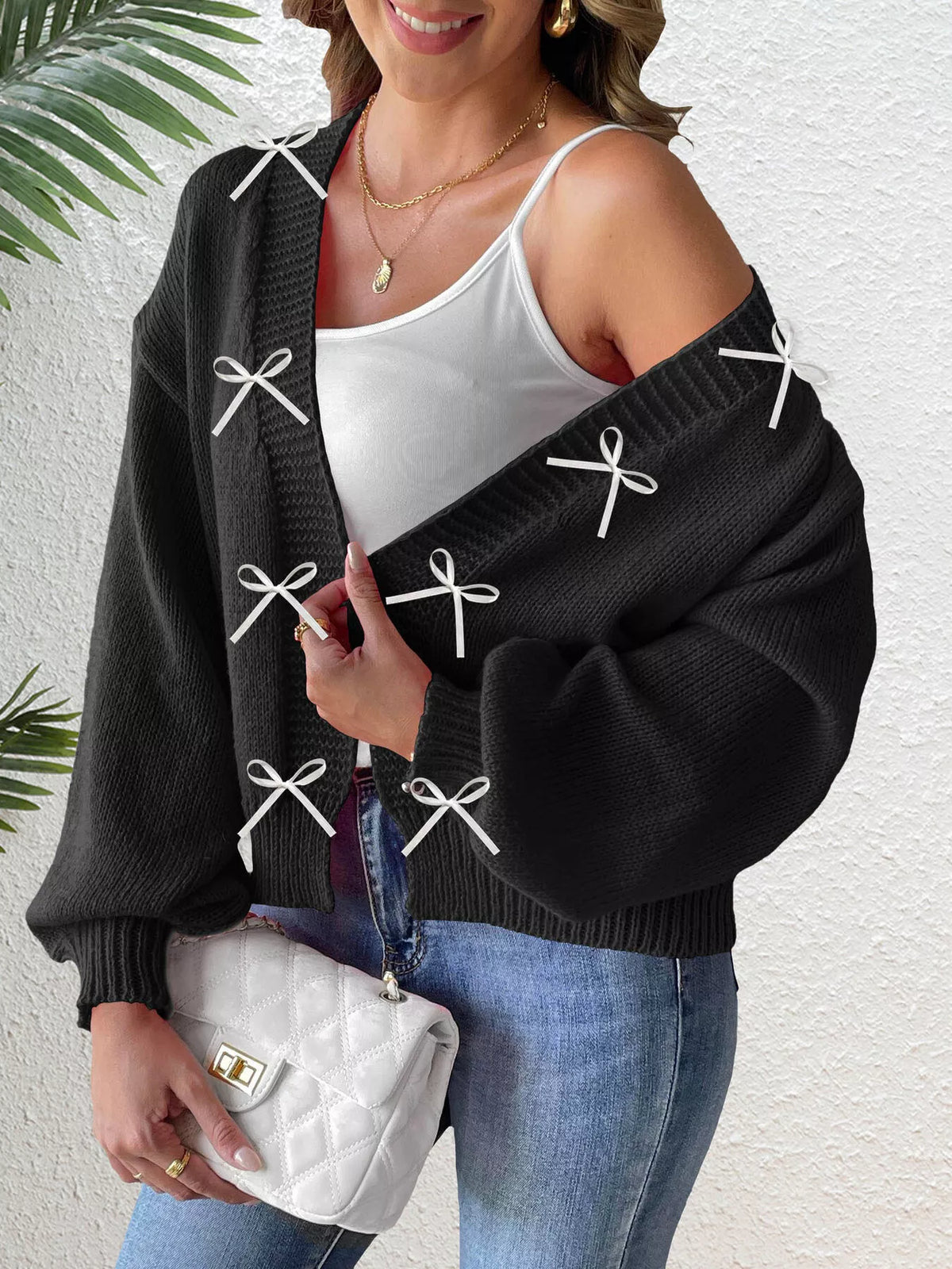 Bow-Tie Open Front Knit Cardigan - Lilixa.store