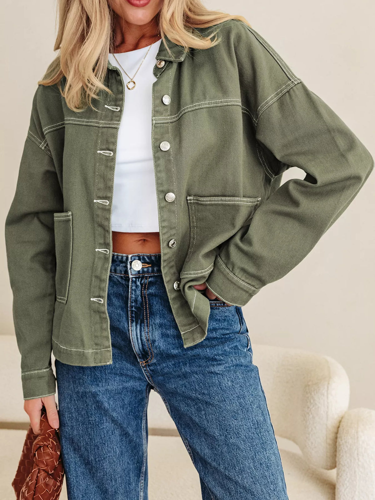 Patched Pocket Collared Button Front Boyfriend Denim Jacket in Moss