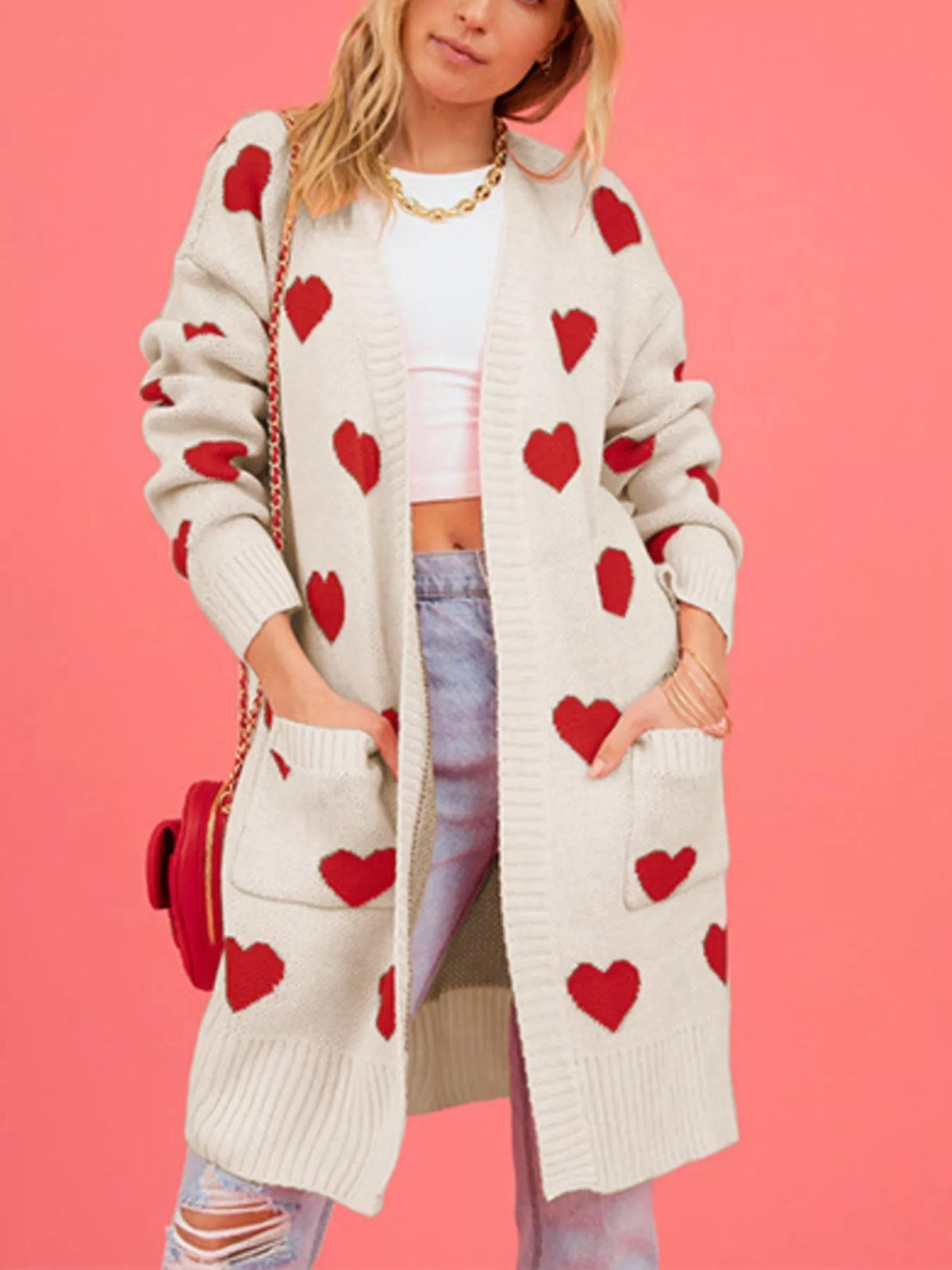 Heart Pattern Open Front Longline Cardigan - Lilixa.store
