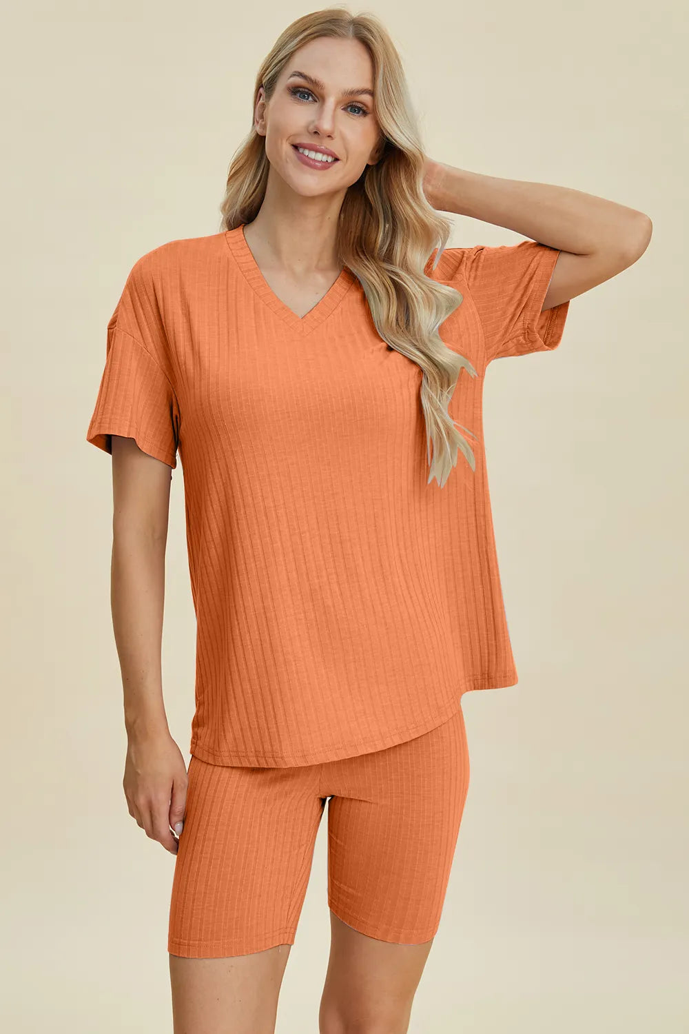 Basic Bae Full Size Ribbed V-Neck Short Sleeve Top and Shorts Set - Lilixa.store