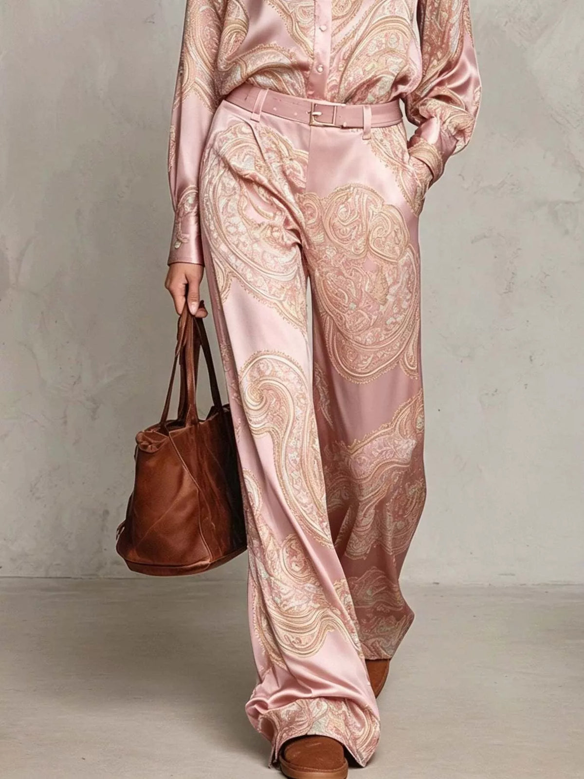 Paisley Print Long Sleeve Shirt and Wide-Leg Pants Set