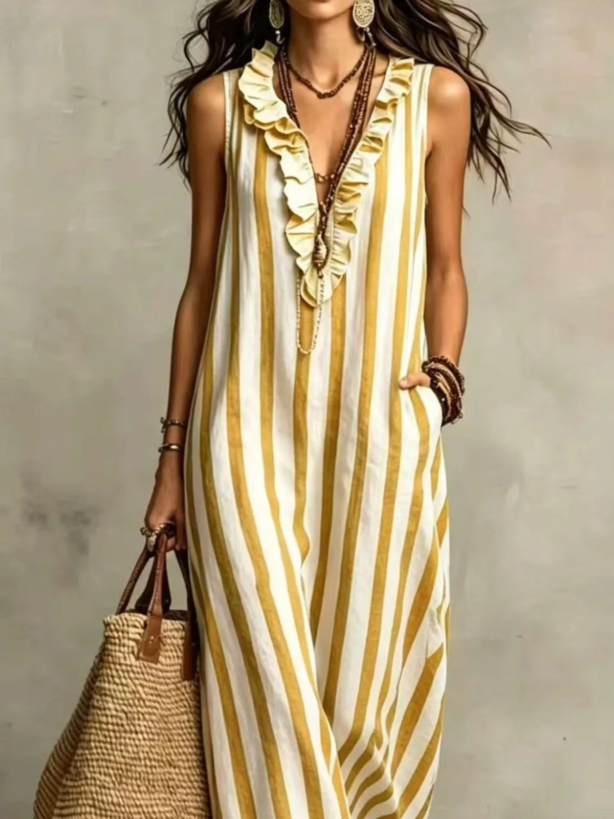 Full Size Sleeveless Striped Ruffle V-Neck Maxi Dress Plus Size - Lilixa.store