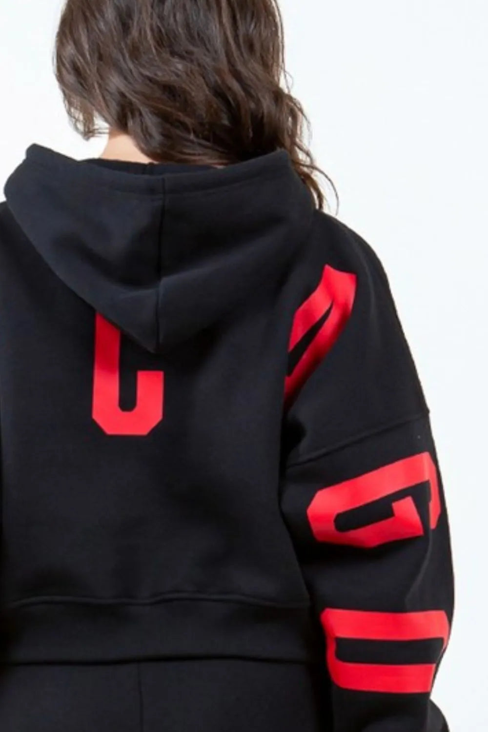 American Bazi Letter Graphic Long Sleeve Drawstring Cropped Hoodie in Black, view 3