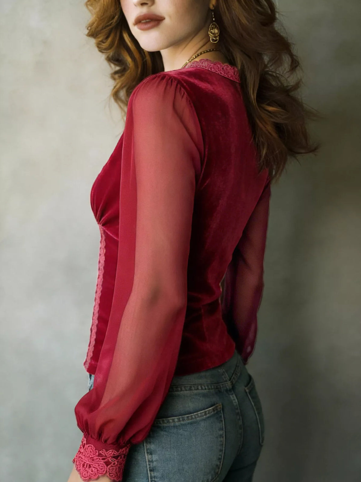 Lace Trim Sheer Long Sleeve Blouse - Lilixa.store