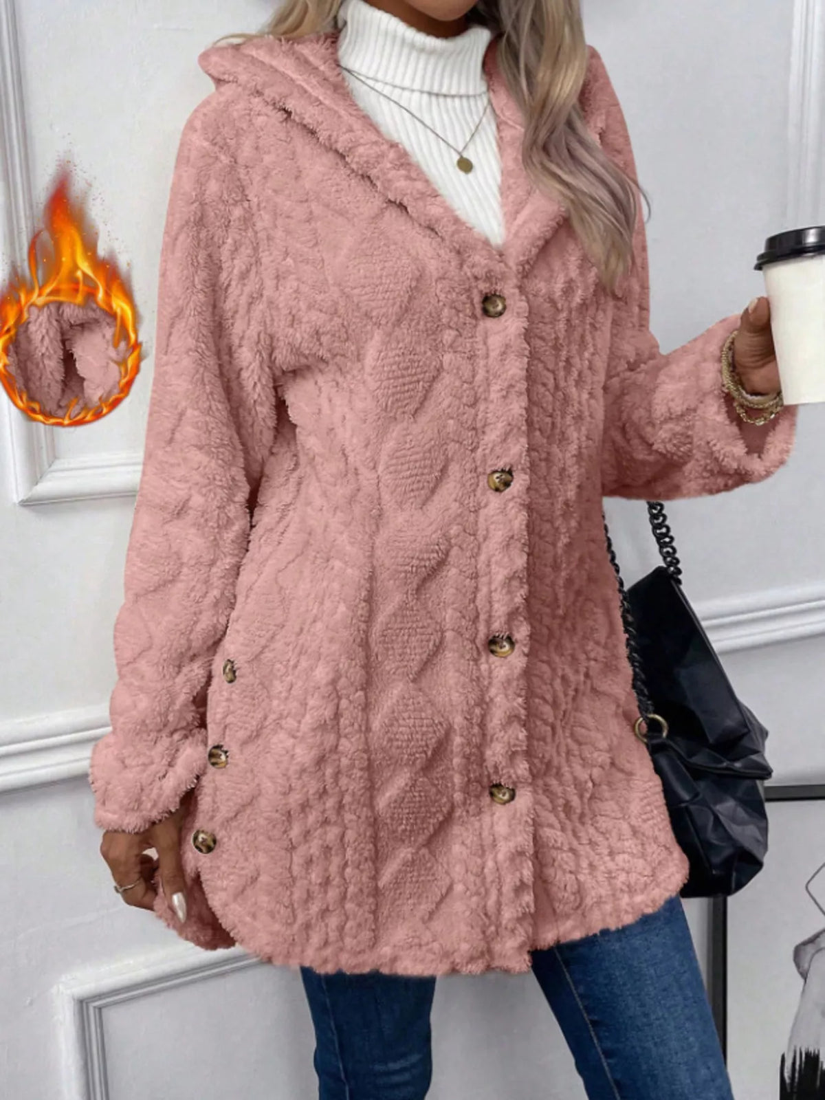 Full Size Button-Down Hooded Outerwear Plus Size in Pink