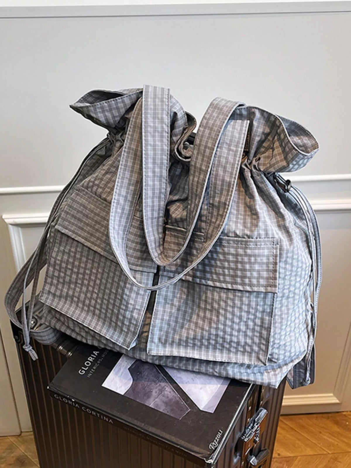 Convertible Plaid Drawstring Backpack Bag - Lilixa.store