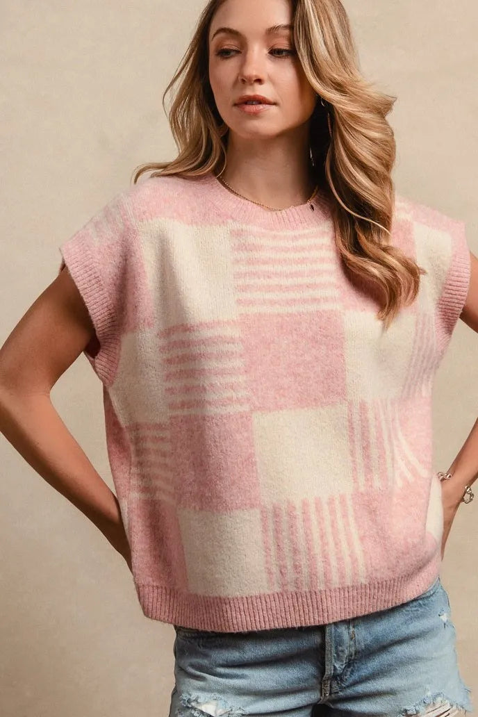 BiBi Checker With Stripes Pattern Sleeveless Sweater in Blush/Ivory, view 12