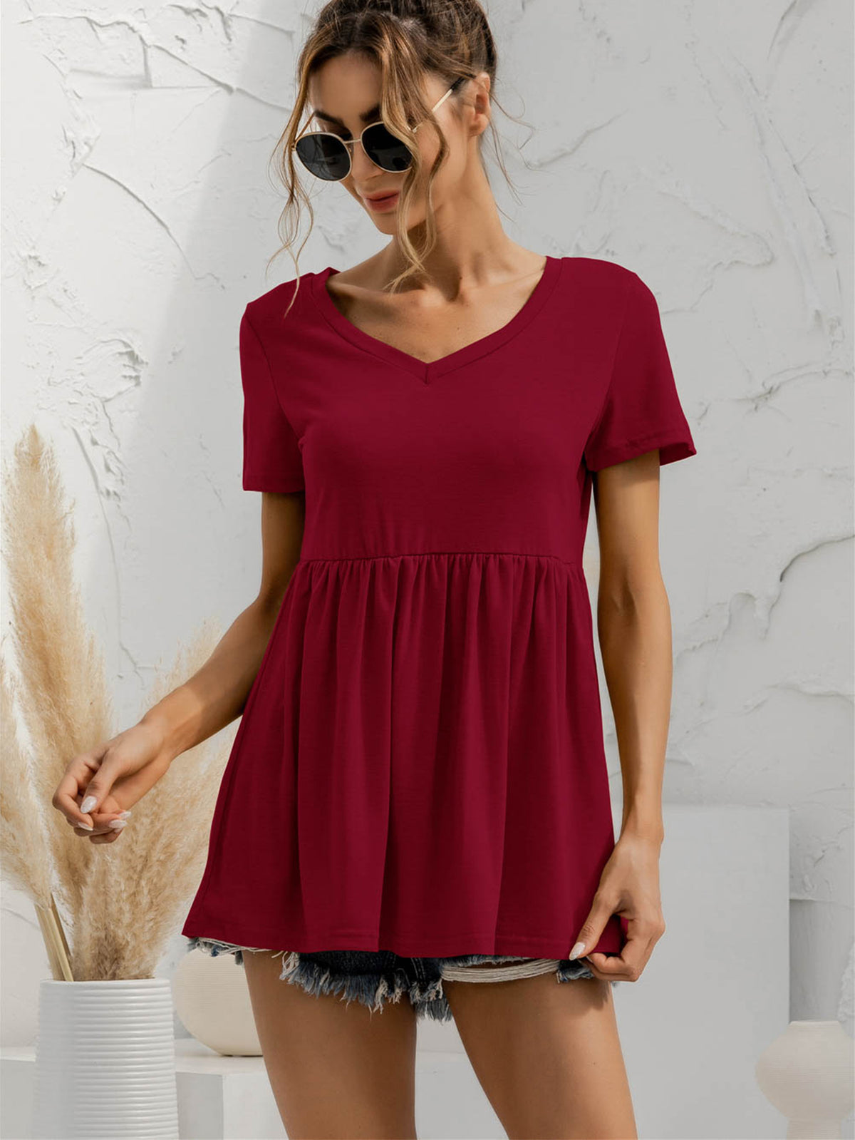 V-Neck Short Sleeve Babydoll Top, view 7