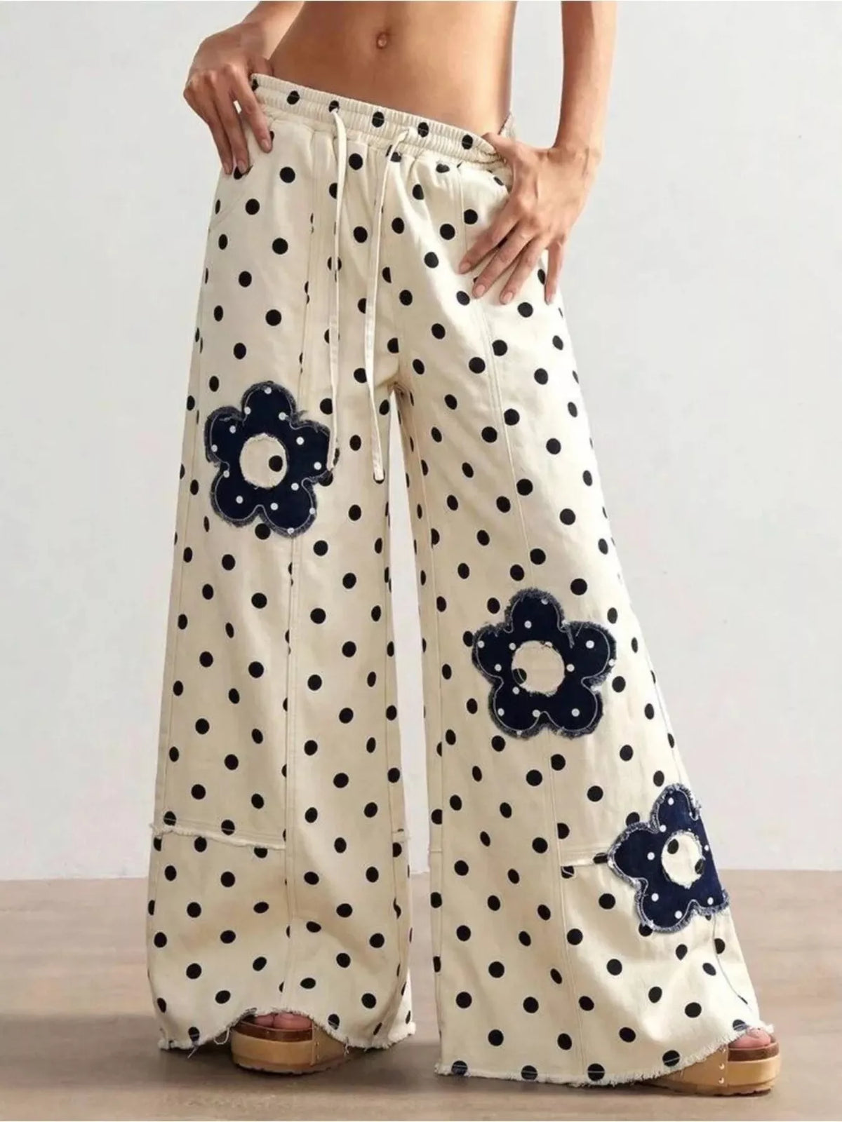 Floral Applique Polka Dot Wide-Leg Jeans - Lilixa.store