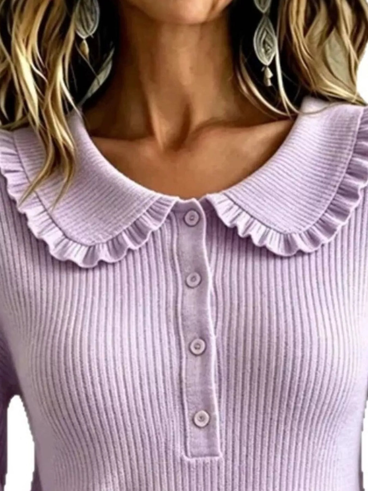 Full Size Ruffle Collar Button Detail Sweater Plus Size