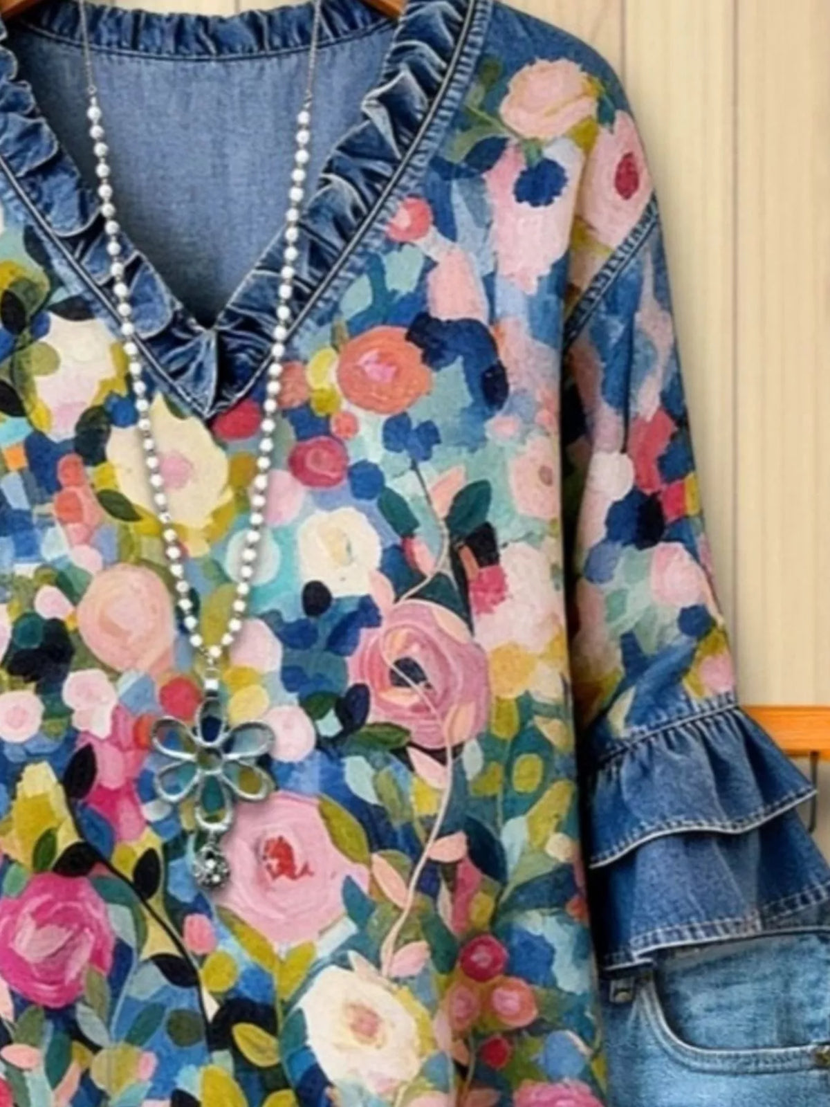Full Size Floral Print Ruffle Trim Denim Top Plus Size
