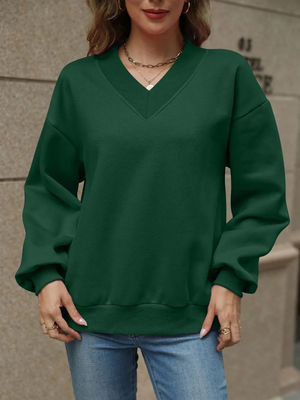 V-Neck Long Sleeve Dropped Shoulder Sweatshirt, view 26