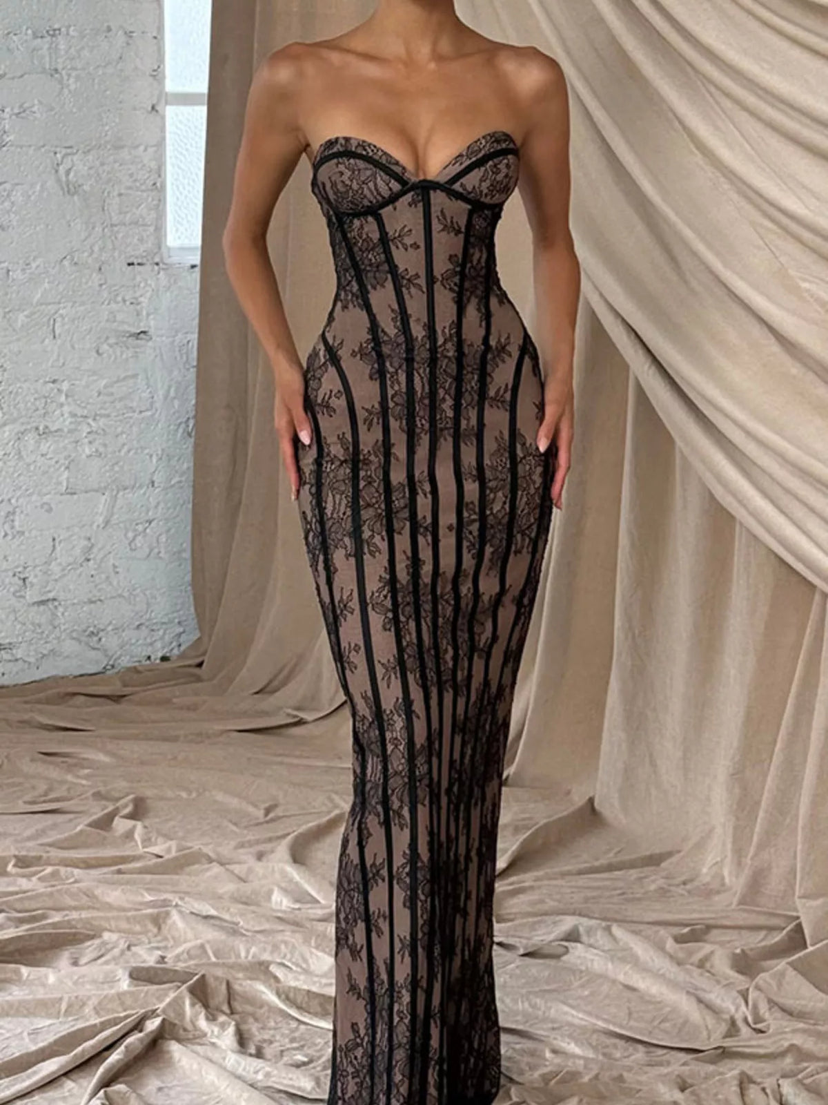 Lace Up Back Strapless Maxi Dress - Lilixa.store
