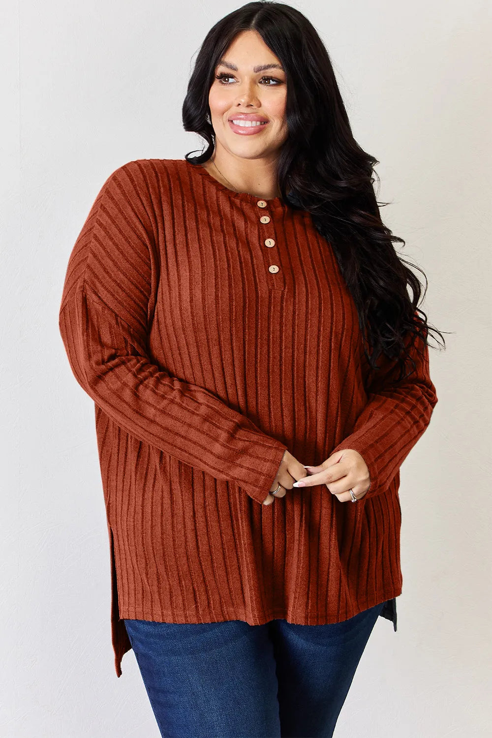 Basic Bae Full Size Ribbed Half Button Long Sleeve High-Low T-Shirt - Lilixa.store