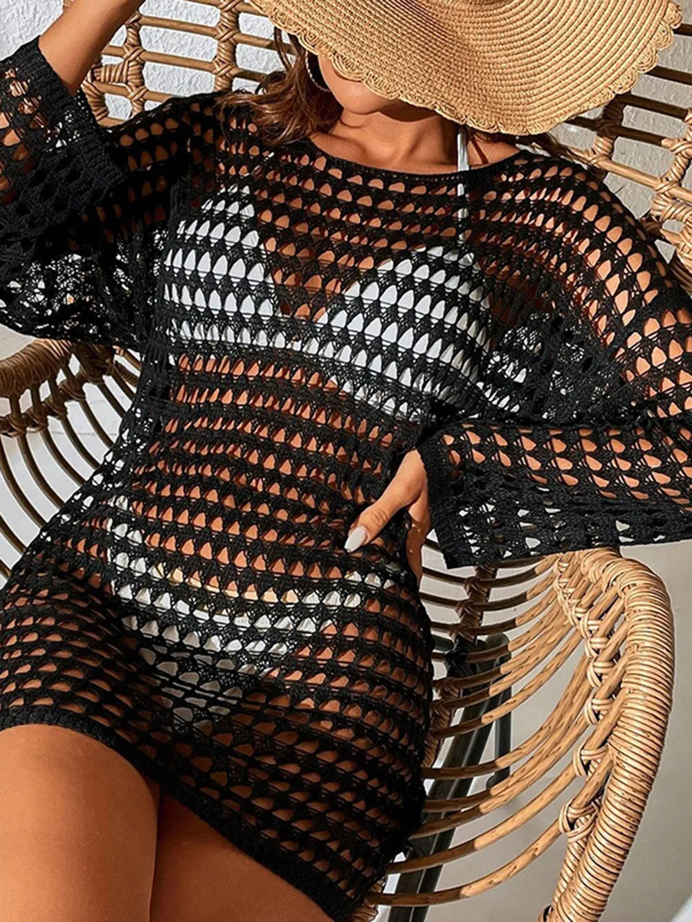Openwork Boat Neck Long Sleeve Cover-Up, view 6