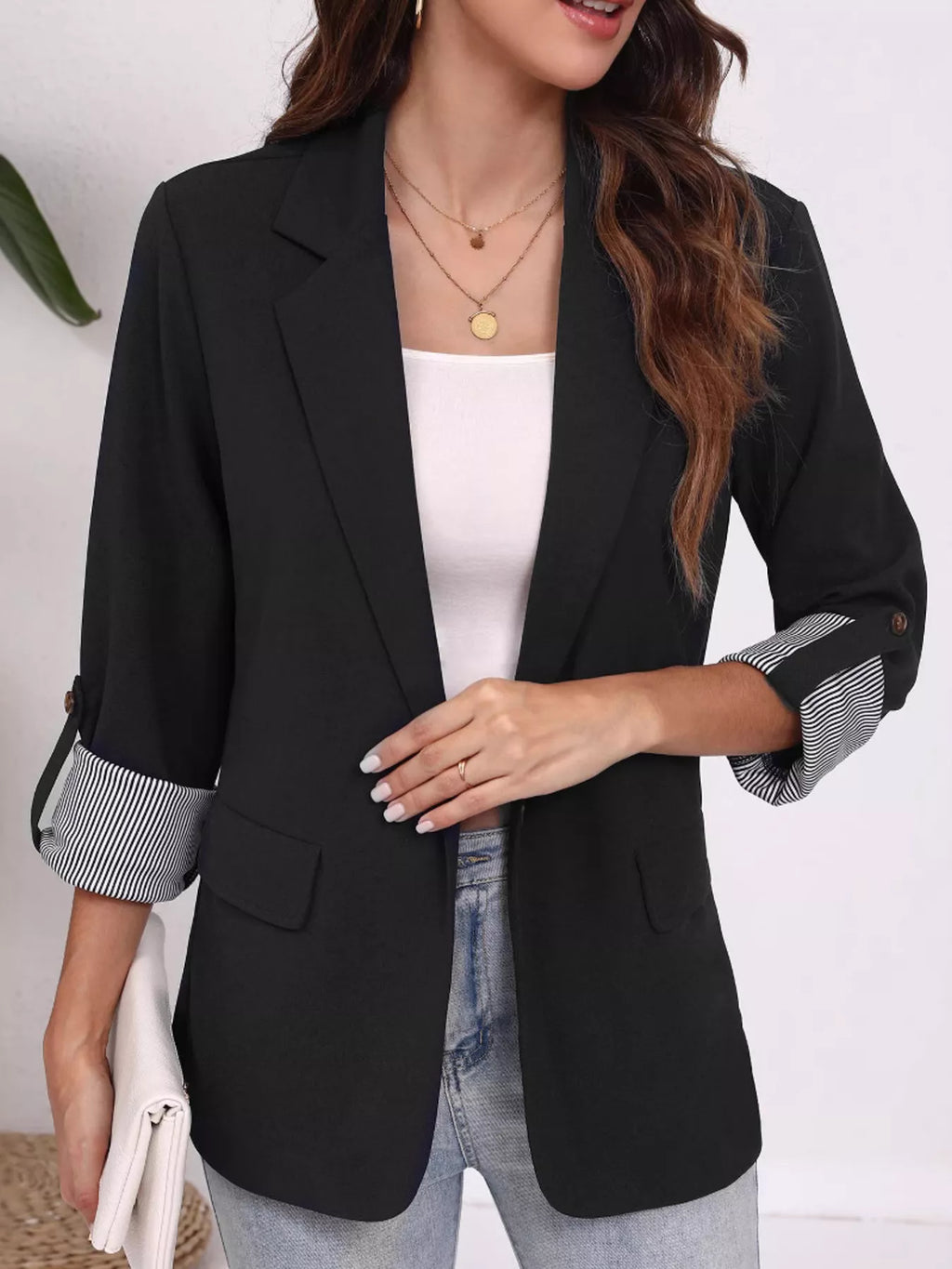 Lapel Collar Roll-Up Sleeve Blazer - Lilixa.store