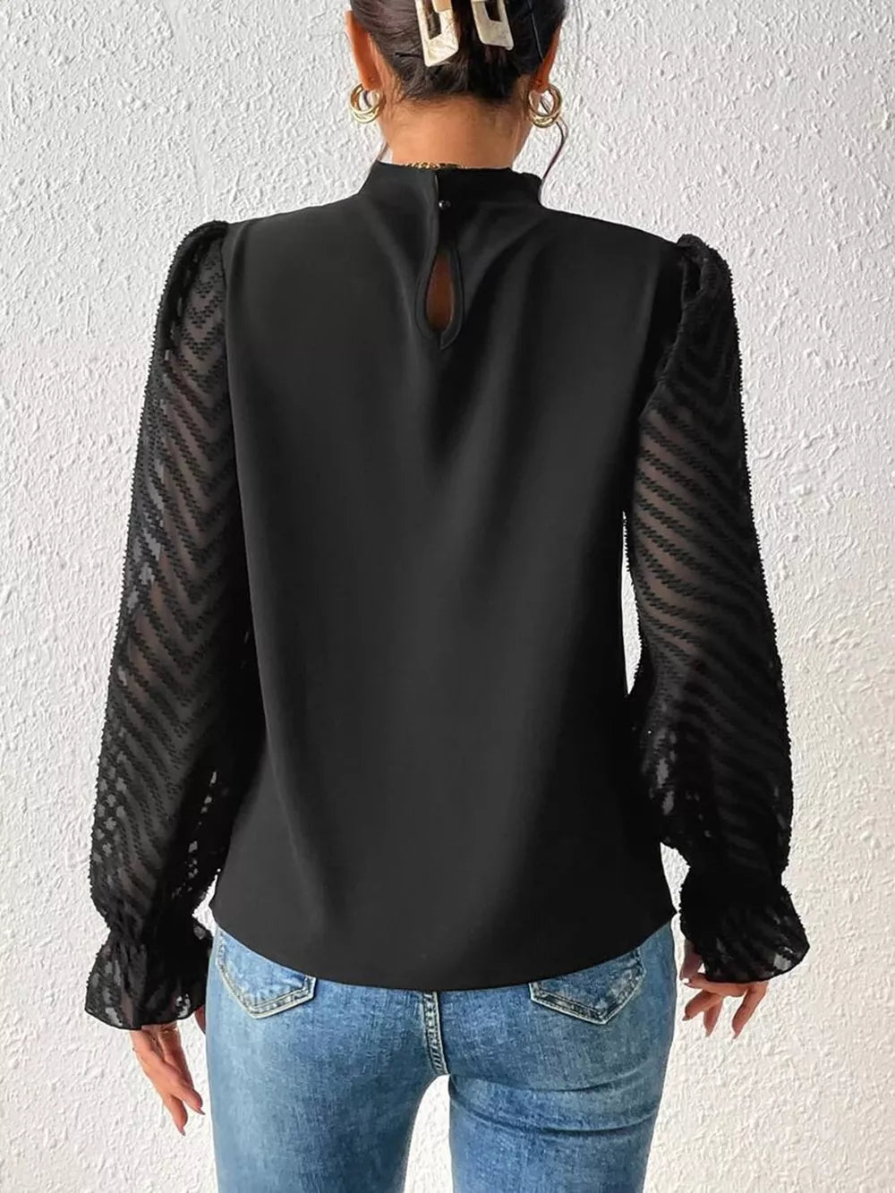 Mock Neck Flounce Sleeve Blouse - Lilixa.store