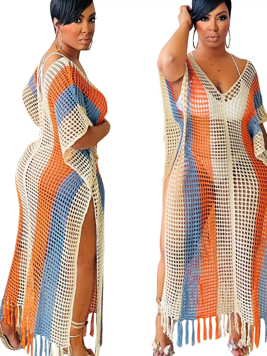 Striped Crochet Cover-Up Dress with Fringe - Lilixa.store