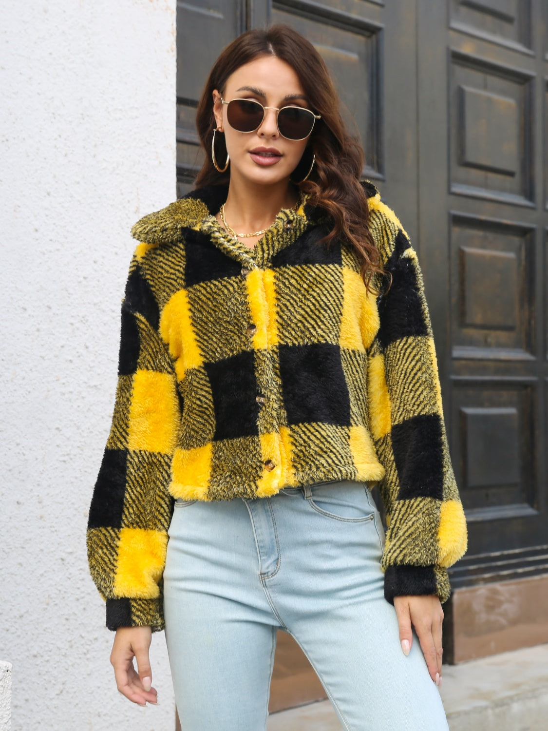 Plaid Dropped Shoulder Buttoned Jacket, view 3
