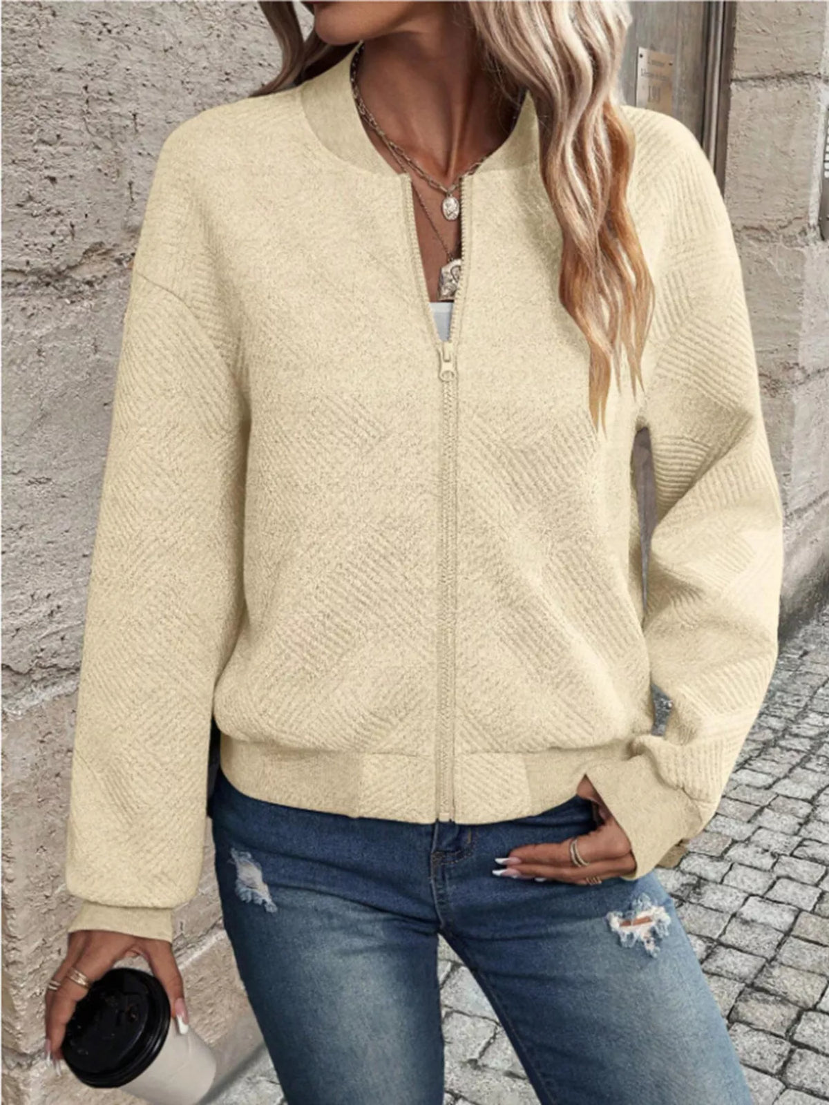 Textured Knit Zip-Up Bomber Jacket, view 4