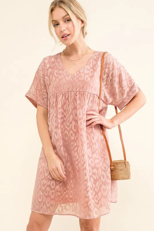 And The Why Woven Leopard Baby Doll Roll-Sleeve Casual Dress - Lilixa.store