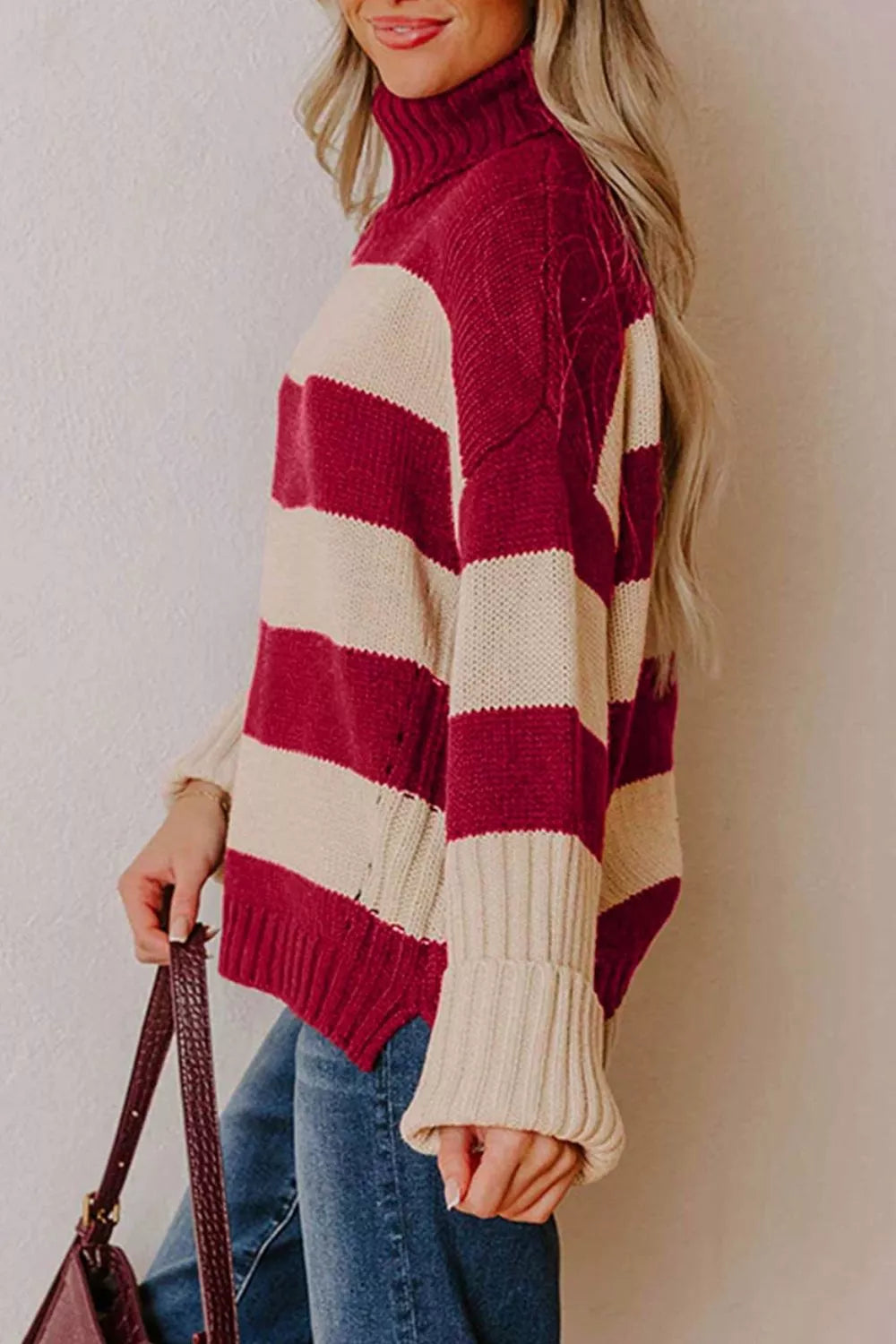Stripe Ribbed Trim High Neck Relaxed Pullover Sweater