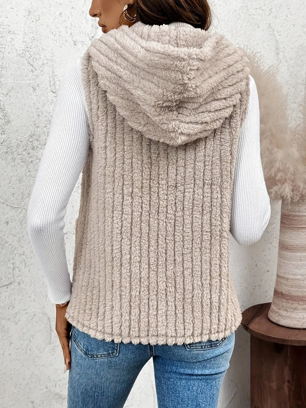 Fuzzy Hooded Vest with Pockets in Dust Storm, view 4