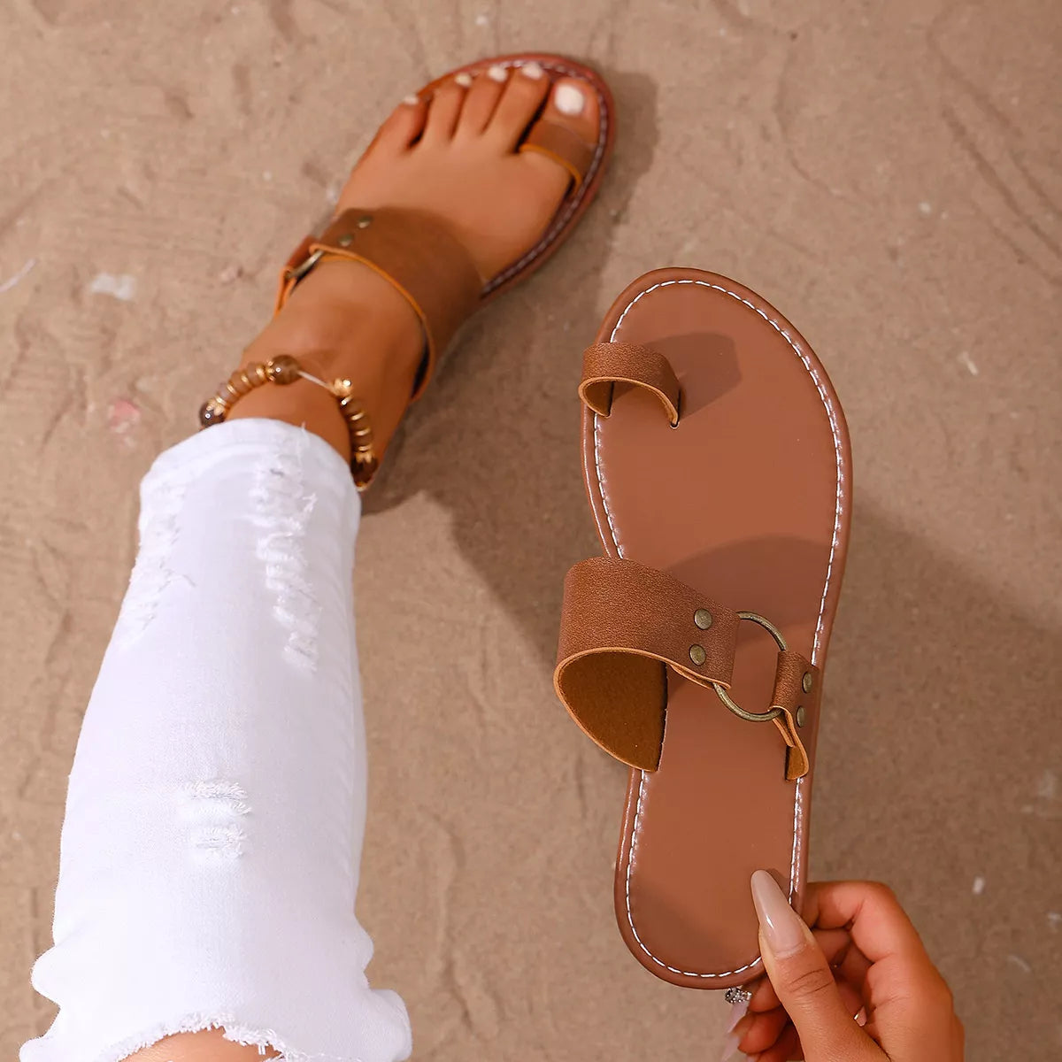 Toe Loop Flats Sandals in Brown, view 5