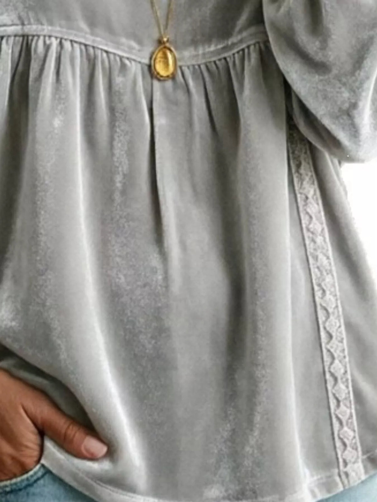 Full Size V-Neck Long Sleeve Velvet Blouse with Lace Trim Plus Size - Lilixa.store