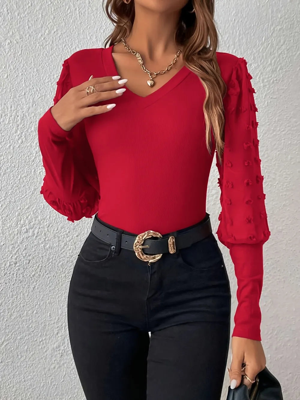 Swiss Dot V-Neck Long Sleeve Top - Lilixa.store