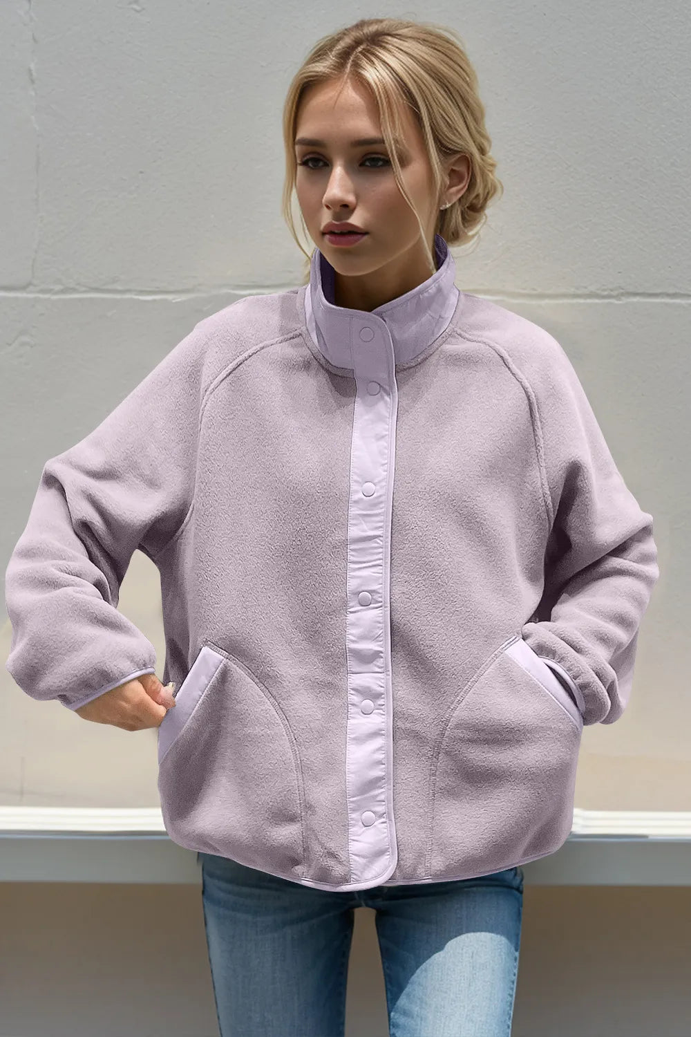 Snap Down Contrast Fleece Jacket with Pockets - Lilixa.store