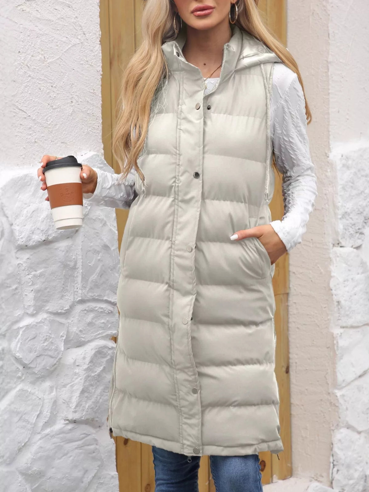 Full Size Snap Down Hooded Padded Longline Vest Coat Plus Size - Lilixa.store