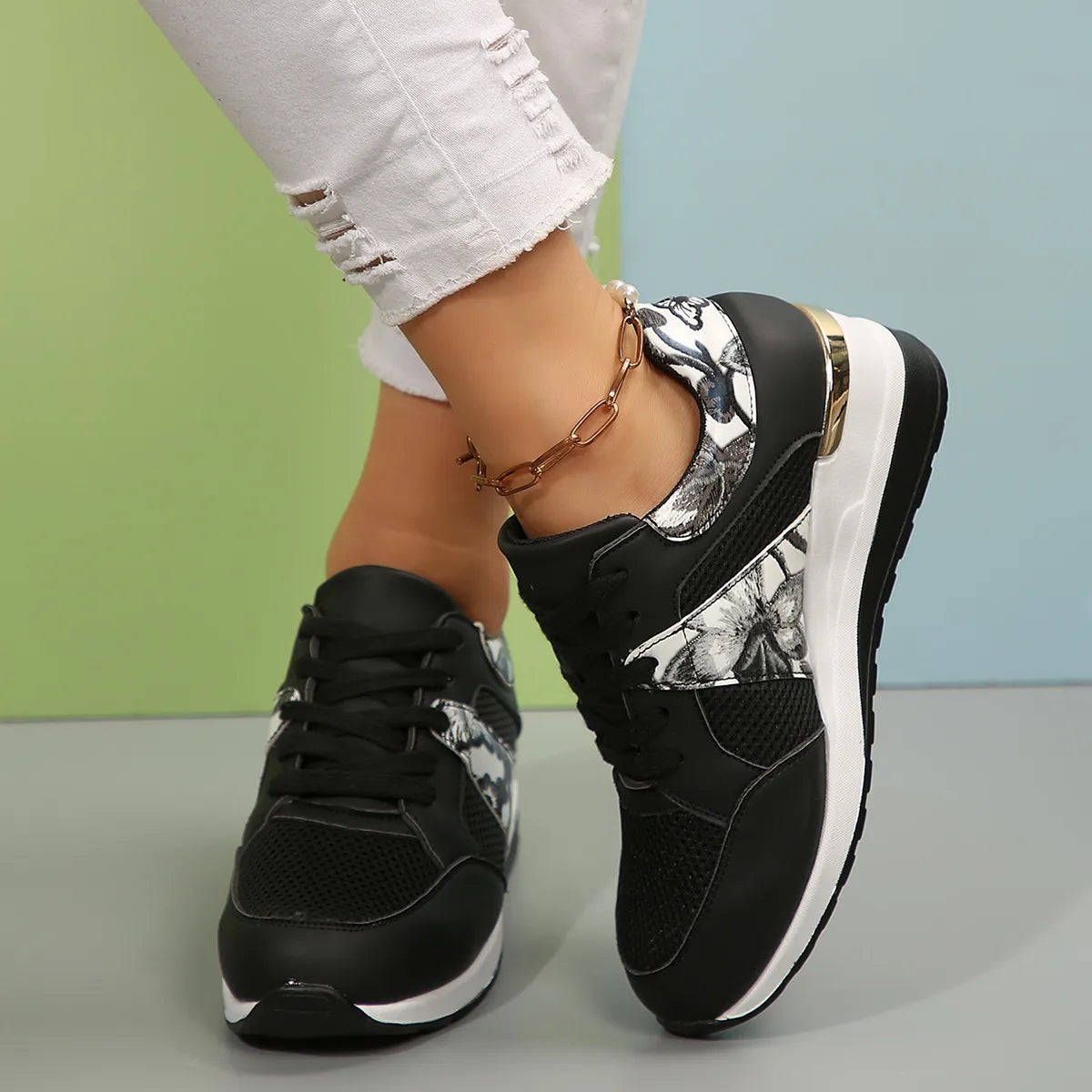 Floral Mesh Wedge Athletic - Lilixa.store