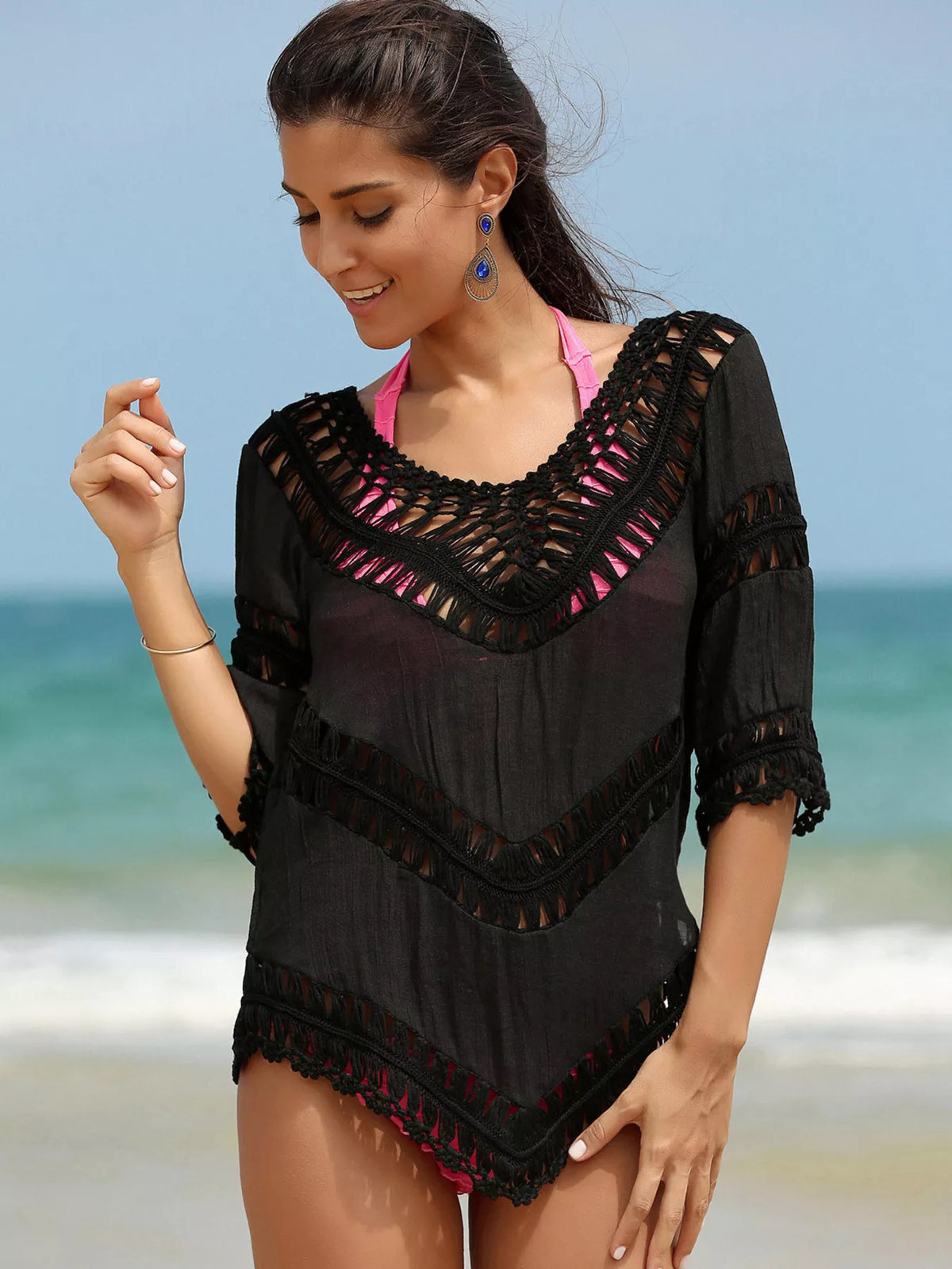 Crochet Trim V-Neck Cover Up - Lilixa.store