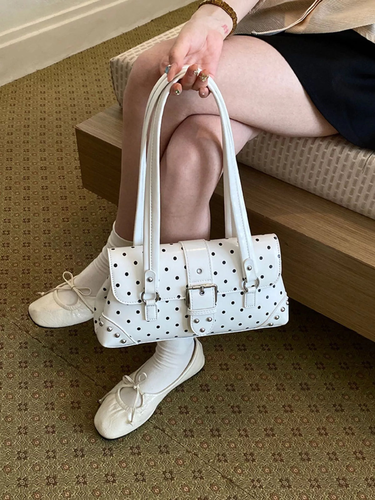 Polka Dot Studded Shoulder Bag - Lilixa.store