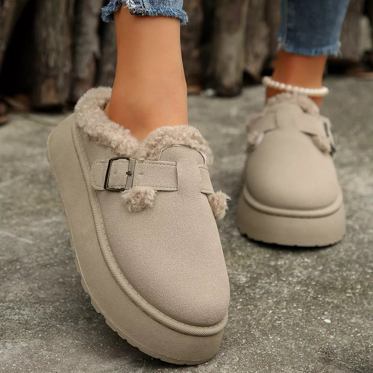 Fuzzy Trim Buckle Platform Slippers - Lilixa.store