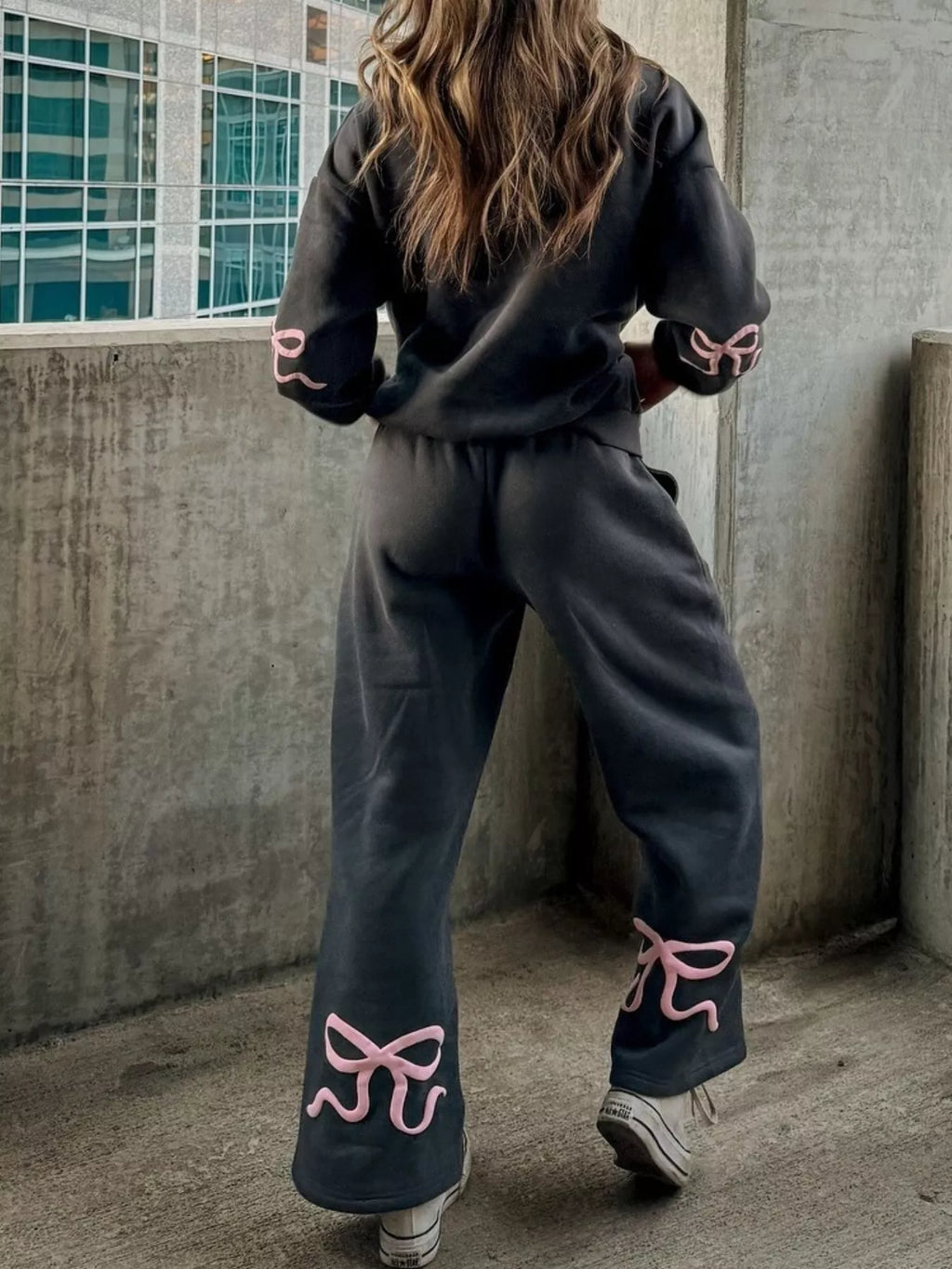 Bow and Heart Dropped Shoulder Hoodie and Pants Set - Lilixa.store