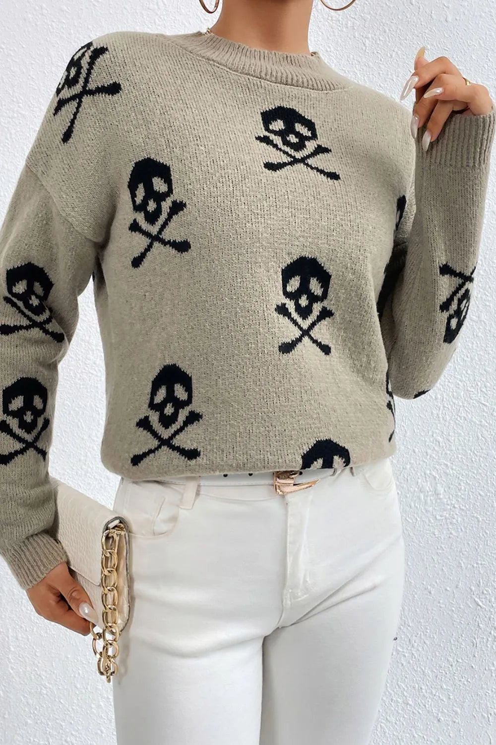 Graphic Mock Neck Dropped Shoulder Sweater - Lilixa.store