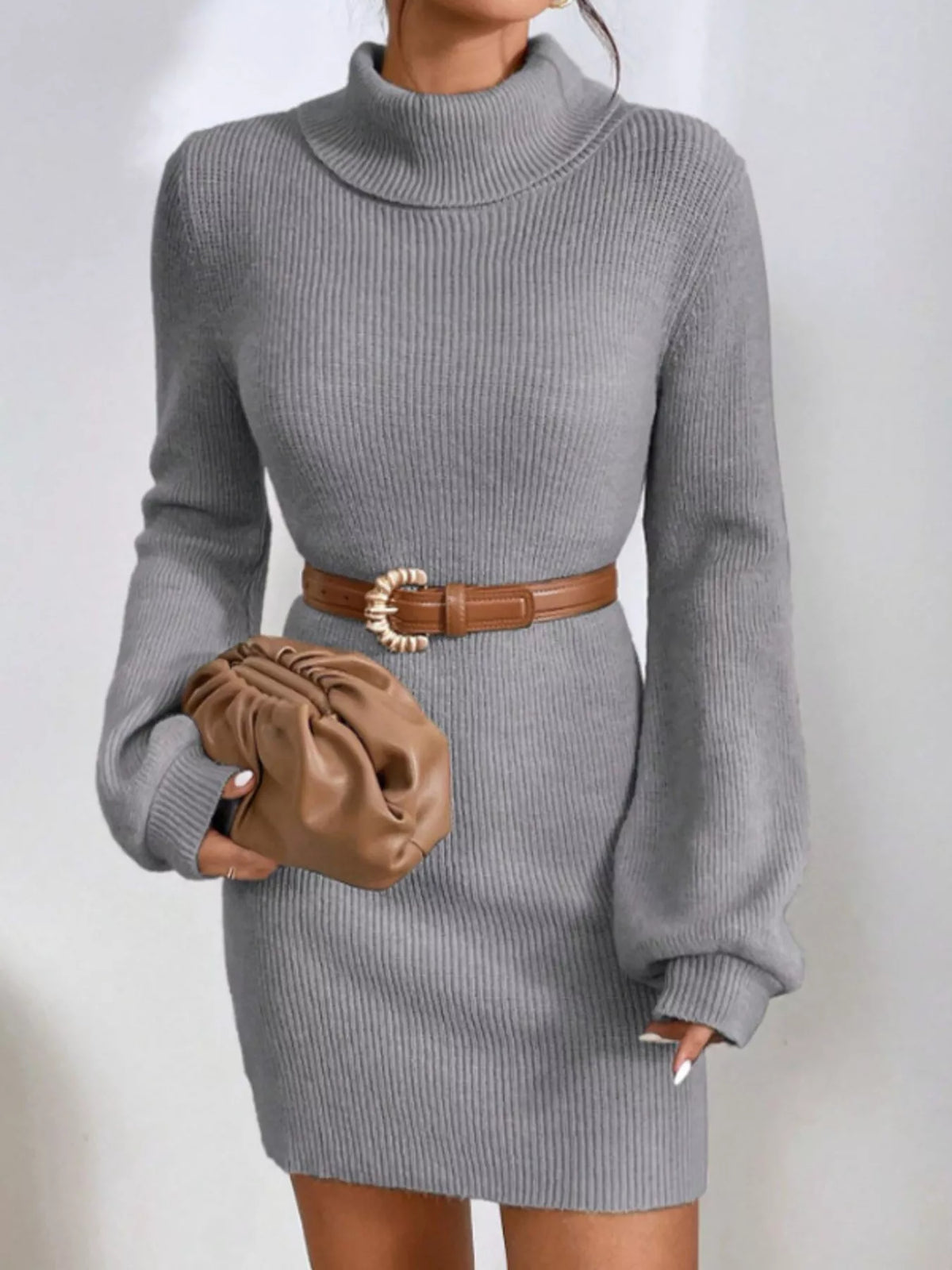 Turtleneck Ribbed Knit Sweater Dress, view 11