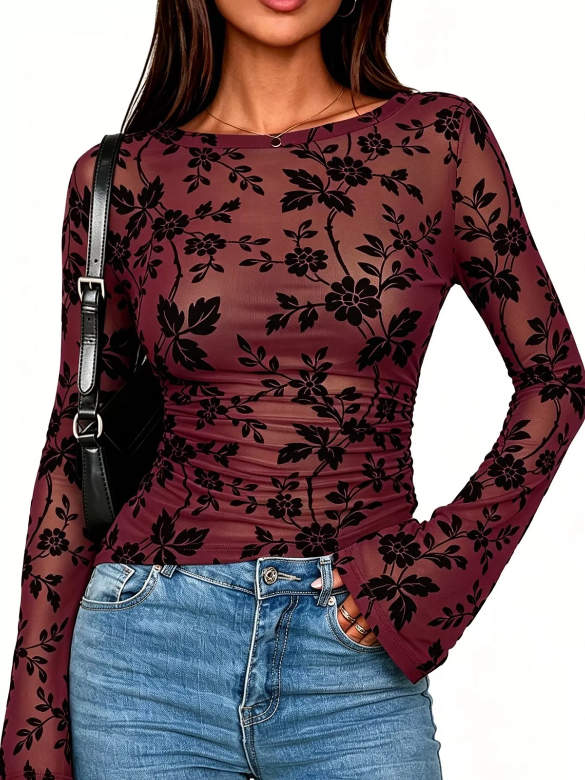 Slim Fit Floral Print Long Sleeve Top in Burgundy