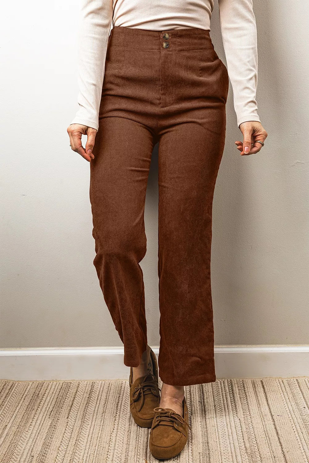 Elastic Waist Straight Leg Ankle Length Corduroy Pants - Lilixa.store