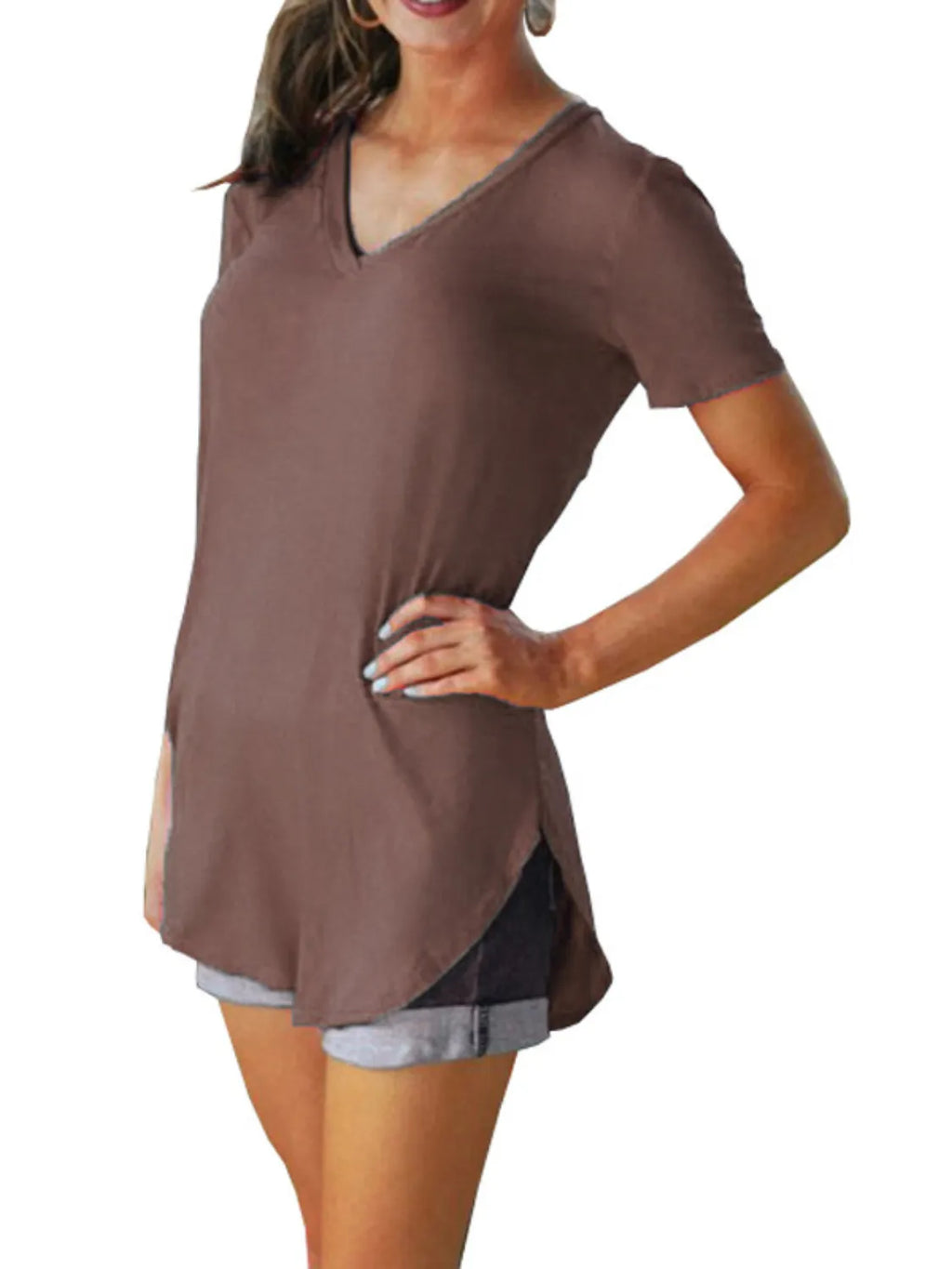 Full Size Solid V-Neck Short Sleeve T-Shirt Plus Size - Lilixa.store