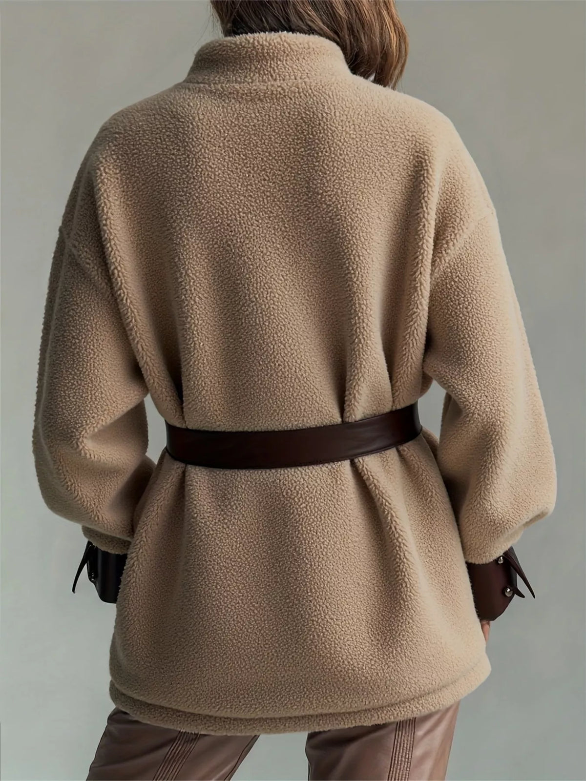 Leather Trim Sherpa Outerwear with Pockets in Khaki, view 2