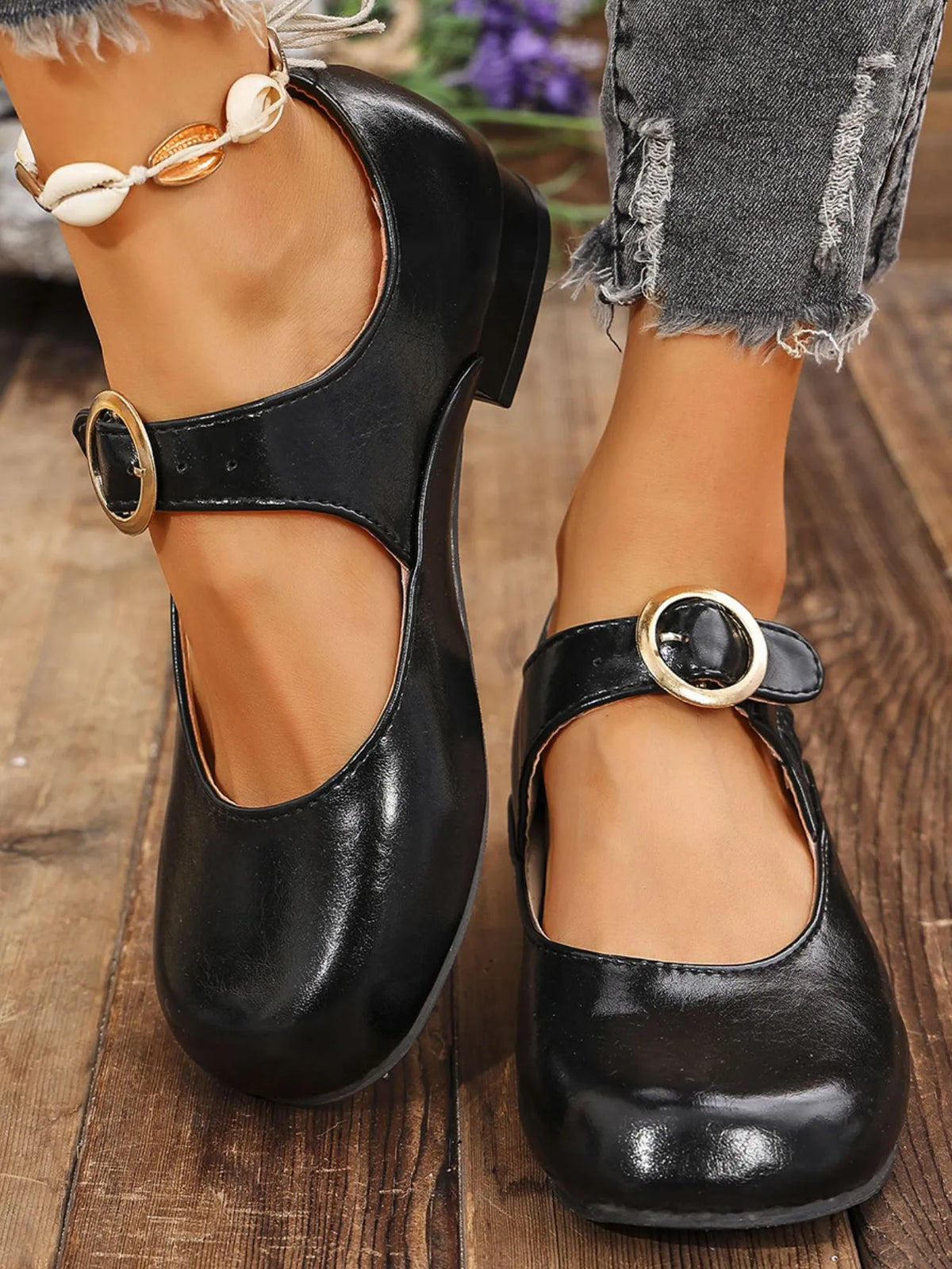 Buckle Strap Mary Jane Loafers in Black