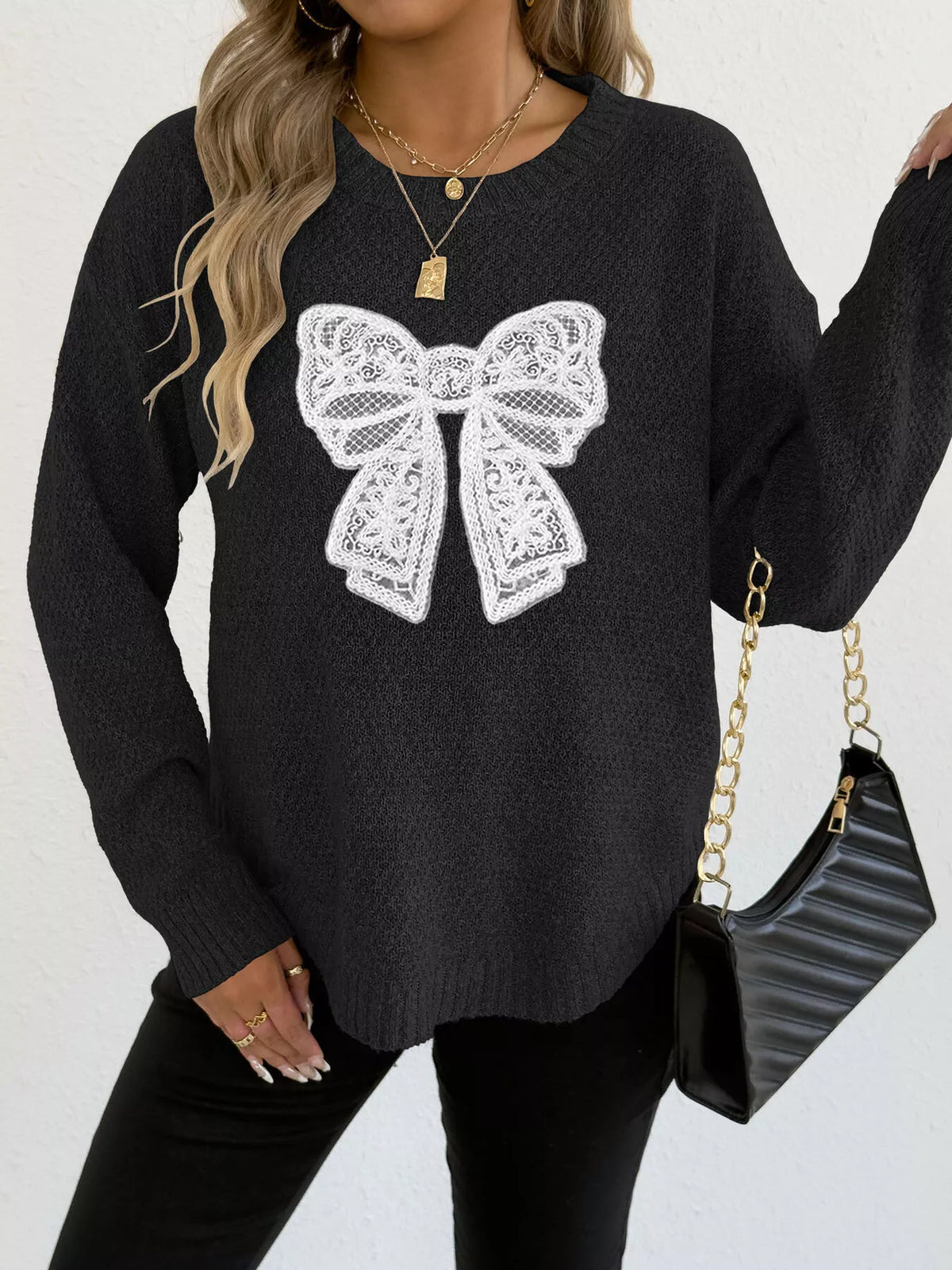 Lace Bow Embroidered Round Neck Sweater