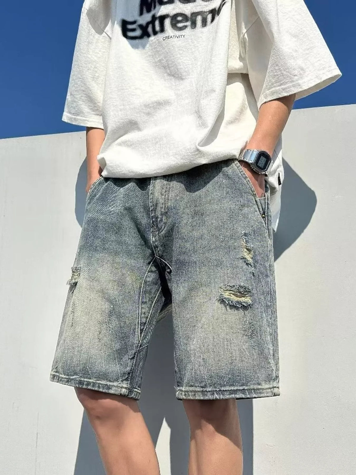 Men's Full Size Distressed Wash Denim Shorts Plus Size - Lilixa.store