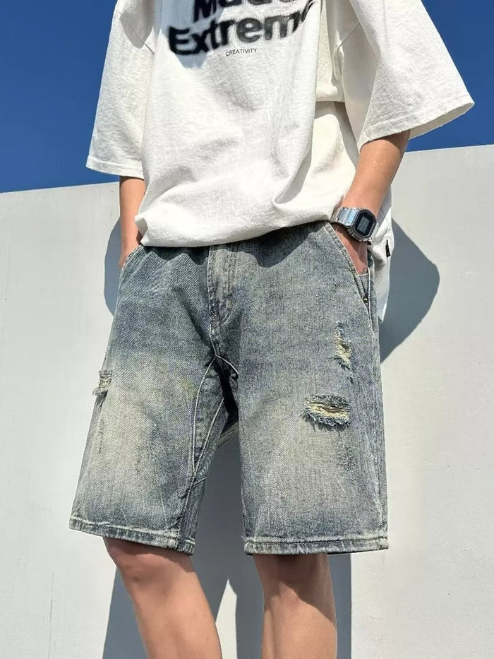 Men's Full Size Distressed Wash Denim Shorts Plus Size - Lilixa.store